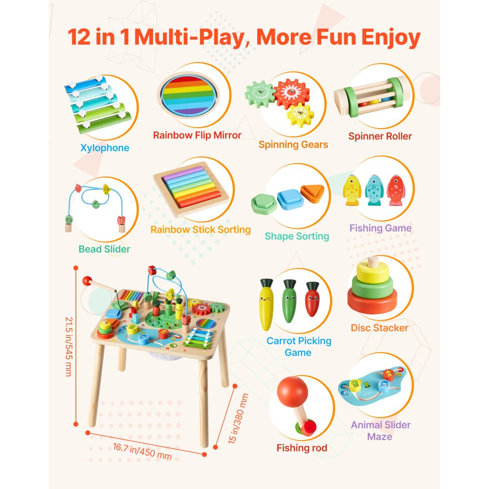 VEVOR Montessori Activity Table for Toddler 1-3 Years Old, 13 in 1 Wooden Learn Activity Desk, Baby Play Table for Boys & Girls Aged 6+ Months, Great Birthday, Christmas, Children's Day Present
