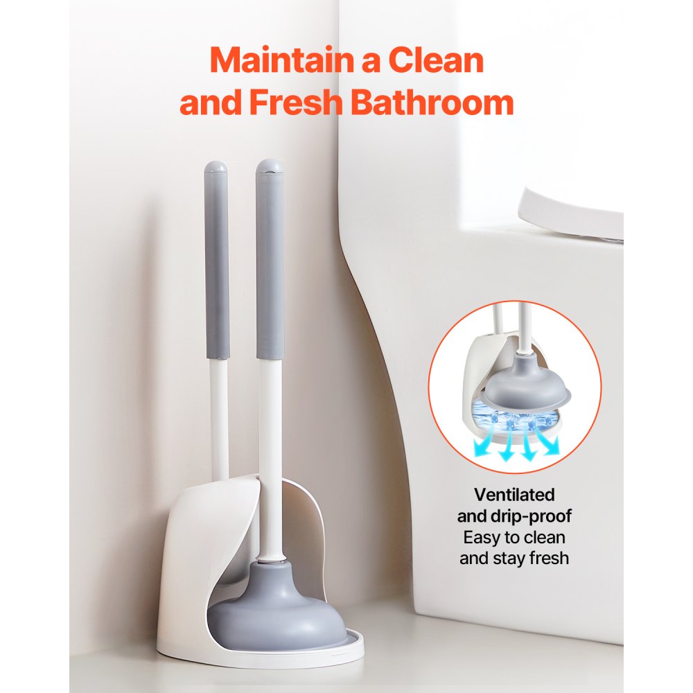 VEVOR Toilet Brush and Plunger Set, 2-in-1 Toilet Bowl Brush Plunger Combo with Ventilated Holder, 360° Deep Cleaning and Drip-Proof Bathroom Supplies, for Bathroom, RV and Toilets (White & Grey)