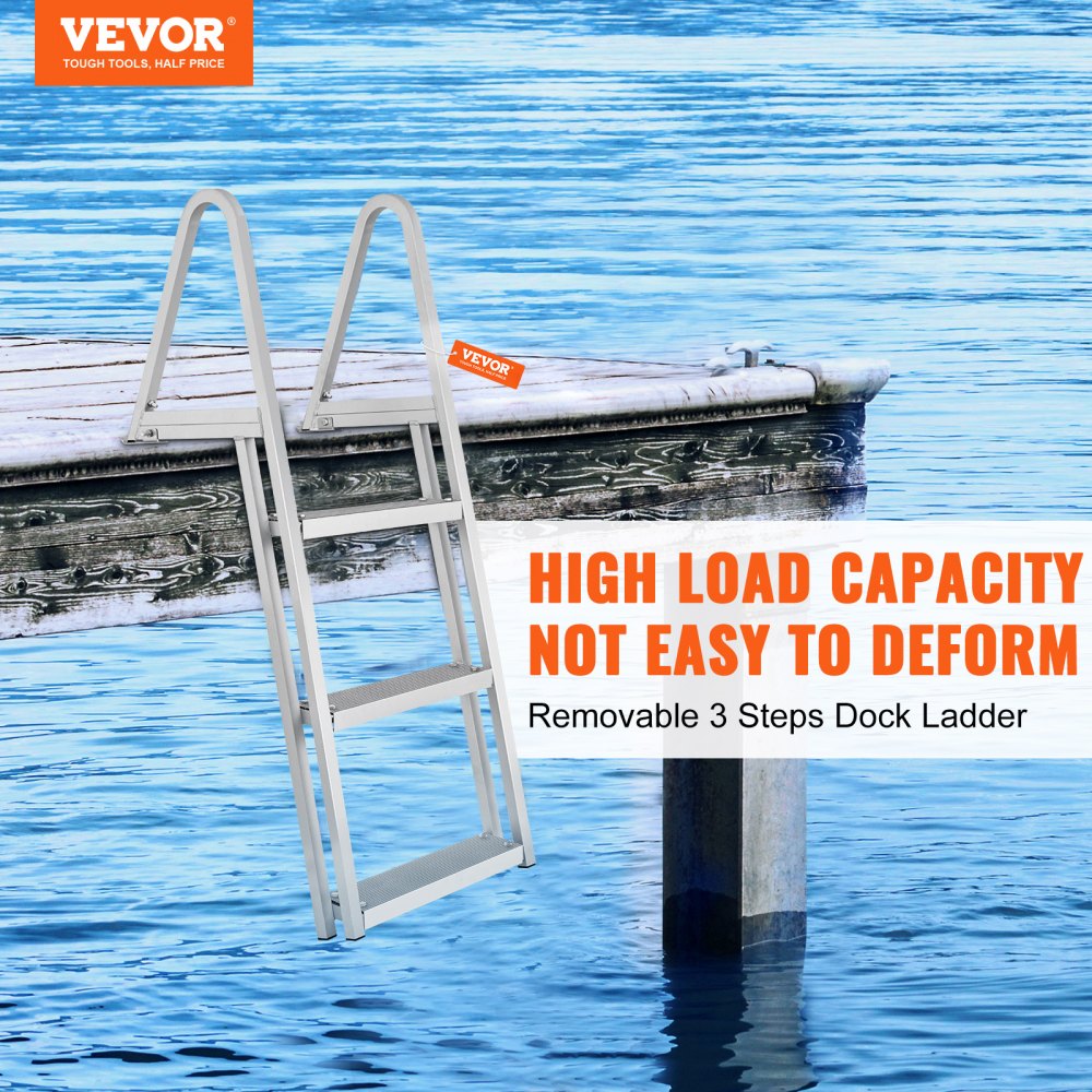 VEVOR Dock Ladder, Removable 3 Steps, 350 lbs Load Capacity, Aluminum Alloy Pontoon Boat Ladder with 4'' Wide Step & Nonslip Mat, Easy to Install for Ship/Lake/Pool/Marine Boarding