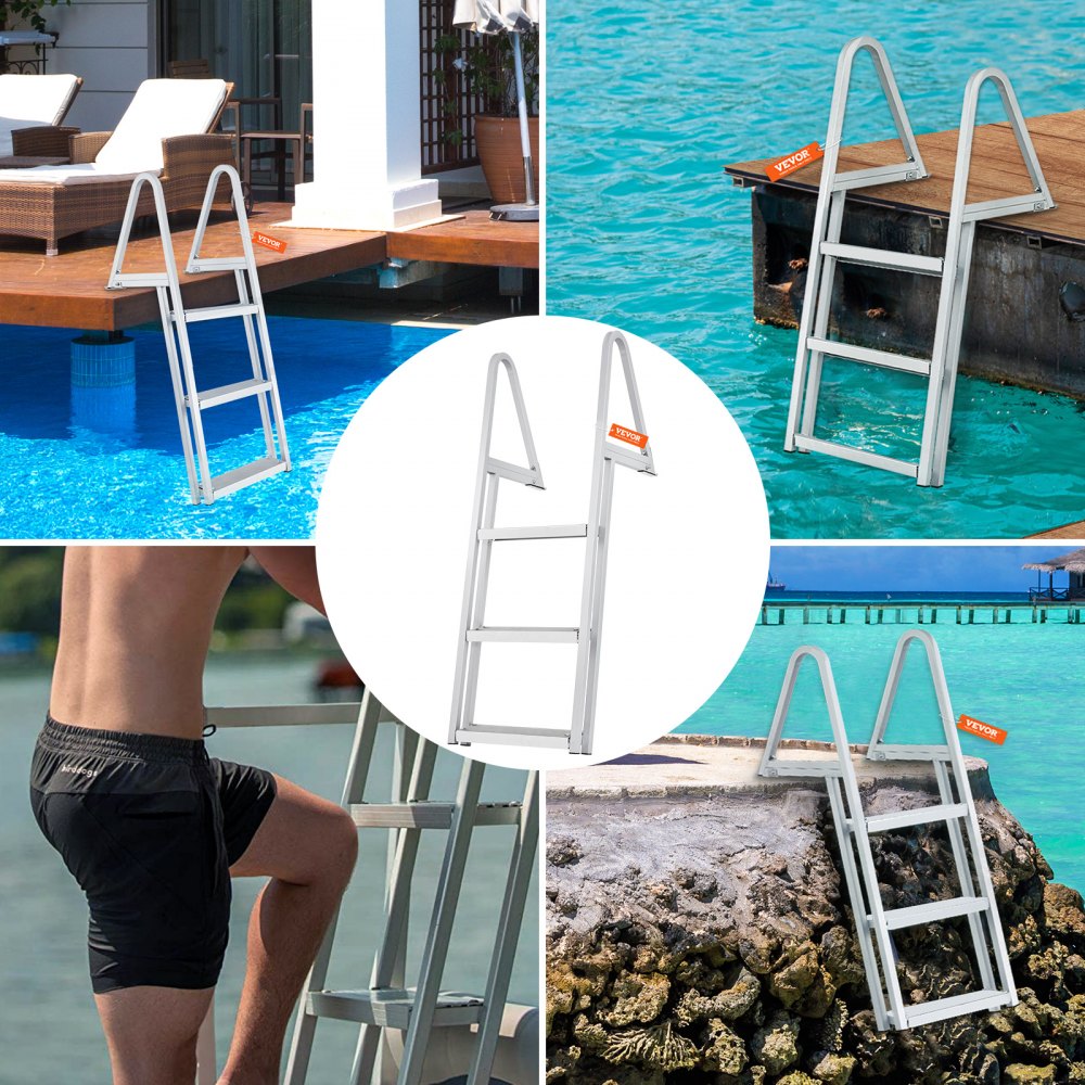 VEVOR Dock Ladder, Removable 3 Steps, 350 lbs Load Capacity, Aluminum Alloy Pontoon Boat Ladder with 4'' Wide Step & Nonslip Mat, Easy to Install for Ship/Lake/Pool/Marine Boarding