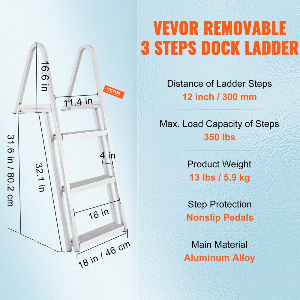VEVOR Dock Ladder, Removable 3 Steps, 350 lbs Load Capacity, Aluminum Alloy Pontoon Boat Ladder with 4'' Wide Step & Nonslip Mat, Easy to Install for Ship/Lake/Pool/Marine Boarding