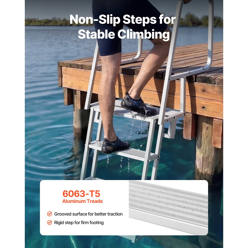 VEVOR Flip-Up Dock Ladder, 4-Step, Heavy-Duty Aluminum Alloy Pontoon Boat Swim Ladder, with Non-Slip Wide Steps, 350 lbs Weight Capacity, Pull Rope Assist, Comfort Use for Lake Pool Marine Boarding