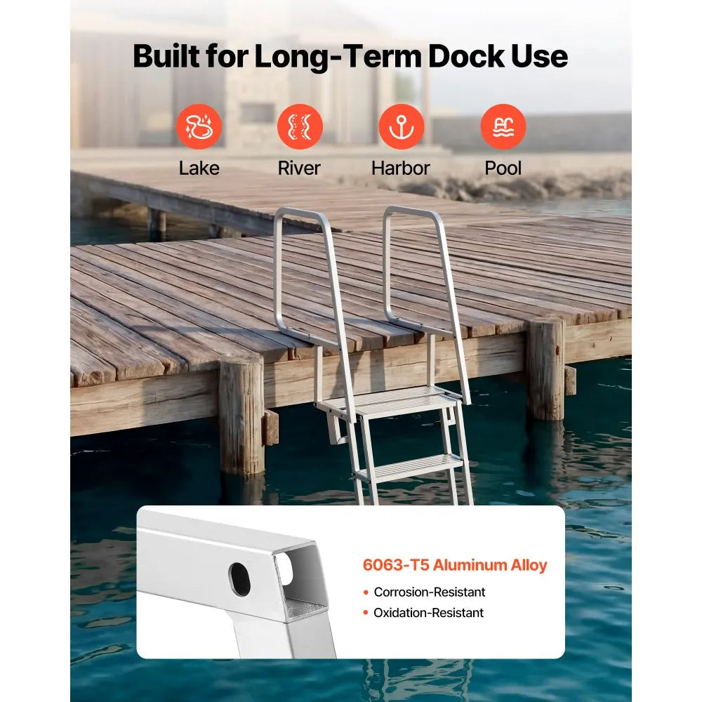 VEVOR Flip-Up Dock Ladder, 4-Step, Heavy-Duty Aluminum Alloy Pontoon Boat Swim Ladder, with Non-Slip Wide Steps, 350 lbs Weight Capacity, Pull Rope Assist, Comfort Use for Lake Pool Marine Boarding