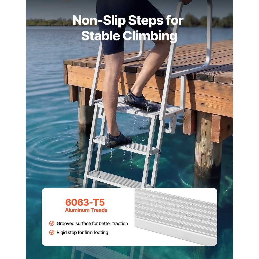 VEVOR Flip-Up Dock Ladder, 6-Step, Heavy-Duty Aluminum Alloy Pontoon Boat Swim Ladder, with Non-Slip Wide Steps, 350 lbs Weight Capacity, Pull Rope Assist, Comfort Use for Lake Pool Marine Boarding