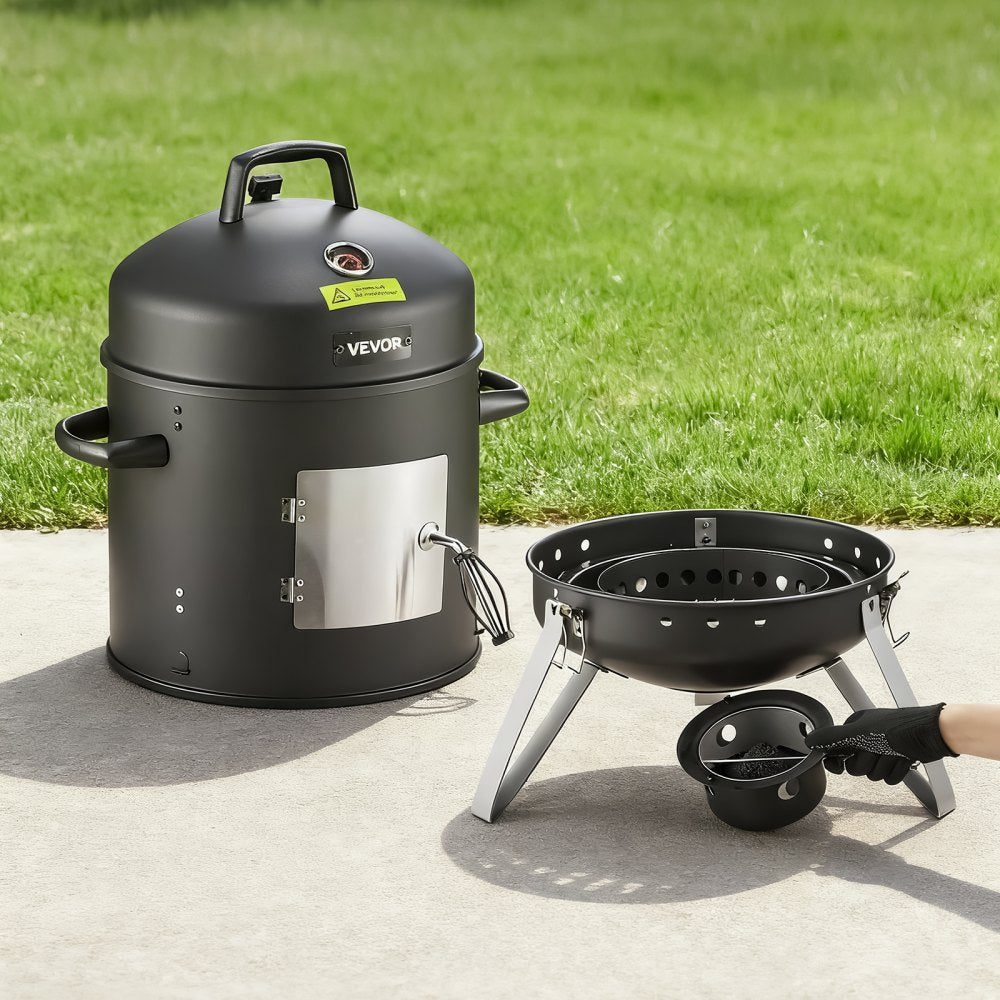 VEVOR Charcoal Smoker, 16" Vertical Charcoal BBQ Grill, Coated Steel Barbecue Smoker with 2 Grilling Grates, Thermometer, Air Vents & Removable Ash Tray, Ideal for Backyard Patio Parties Cooking