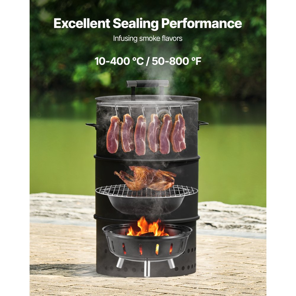 VEVOR Charcoal Smoker Grill, 18.5" Barrel Charcoal BBQ Smoker, Coated Steel Outdoor Barbecue Grill with 2 Grilling Grates, 1 Hanging Rod, 6 Hooks & Thermometer, Ideal for Party Backyard Patio Cooking