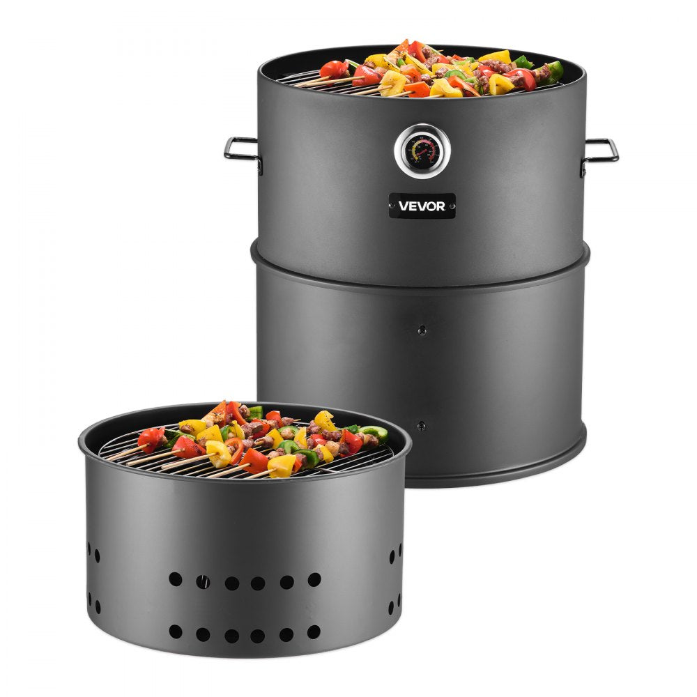 VEVOR Charcoal Smoker Grill, 18.5" Barrel Charcoal BBQ Smoker, Coated Steel Outdoor Barbecue Grill with 2 Grilling Grates, 1 Hanging Rod, 6 Hooks & Thermometer, Ideal for Party Backyard Patio Cooking