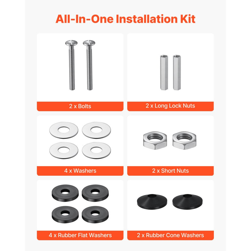 VEVOR Universal Toilet Seat Bolts Kit, 2PCS Metal Heavy Duty Toilet Tank Bolts, Stainless Steel Toilet Seat Screws Replacement Kit with Long Downlock Nuts, Rubber Washers Gaskets, Toilet Repair Screw