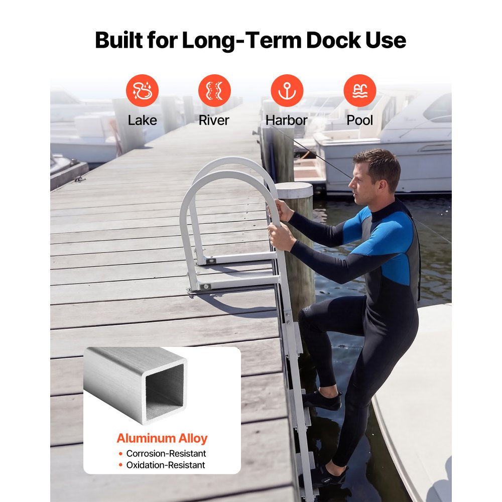 VEVOR Dock Ladder, Removable 3 Steps, 500 lbs Load Capacity, Aluminum Alloy Pontoon Boat Ladder with 3.1'' Wide Step & Nonslip Rubber Mat, Easy to Install for Ship/Lake/Pool/Marine Boarding