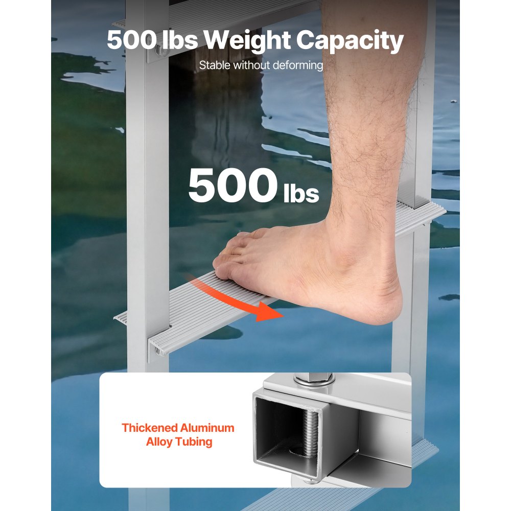 VEVOR Dock Ladder, Removable 5 Steps, 500 lbs Load Capacity, Aluminum Alloy Pontoon Boat Ladder with 3.1'' Wide Step & Nonslip Rubber Mat, Easy to Install for Ship/Lake/Pool/Marine Boarding