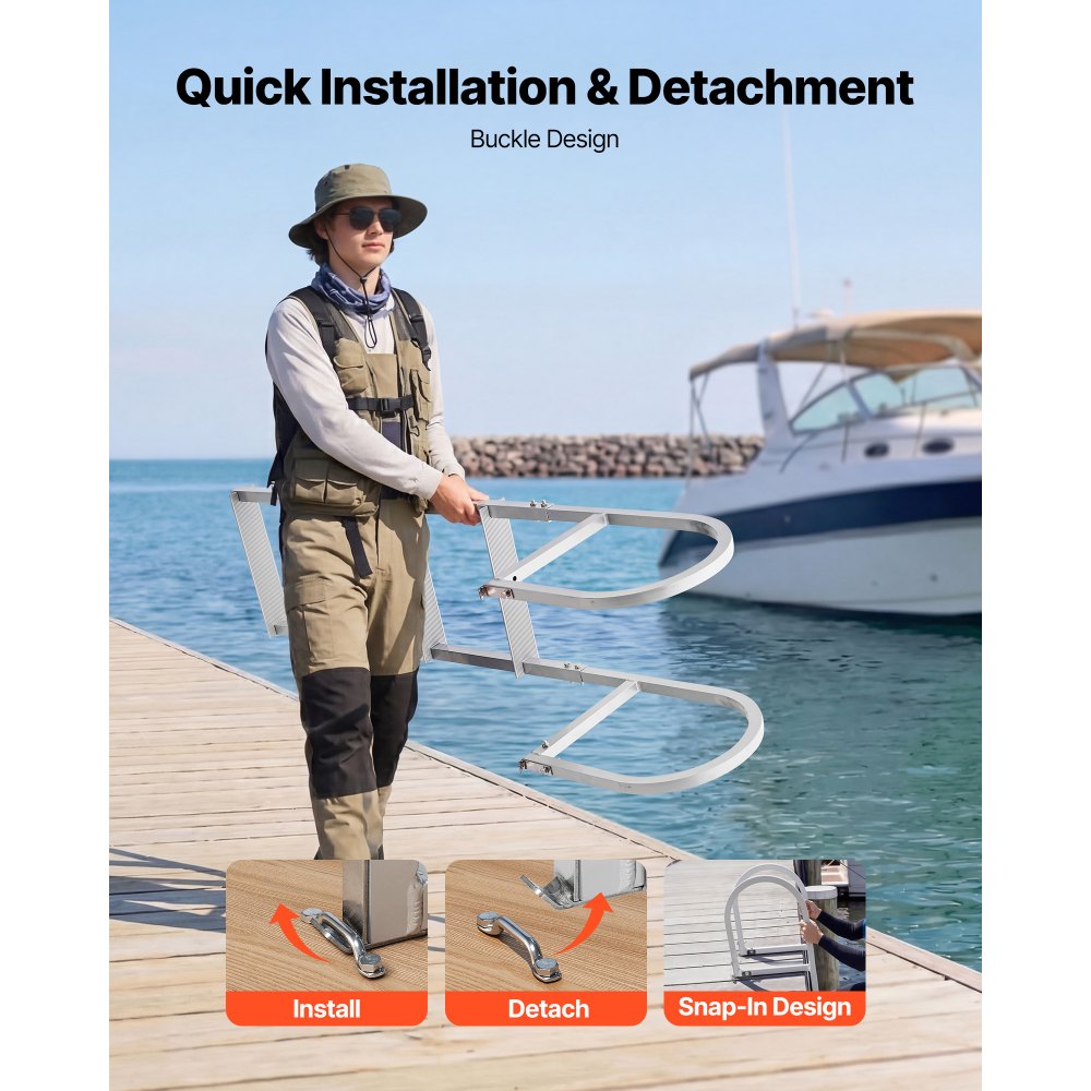 VEVOR Dock Ladder, Removable 5 Steps, 500 lbs Load Capacity, Aluminum Alloy Pontoon Boat Ladder with 3.1'' Wide Step & Nonslip Rubber Mat, Easy to Install for Ship/Lake/Pool/Marine Boarding