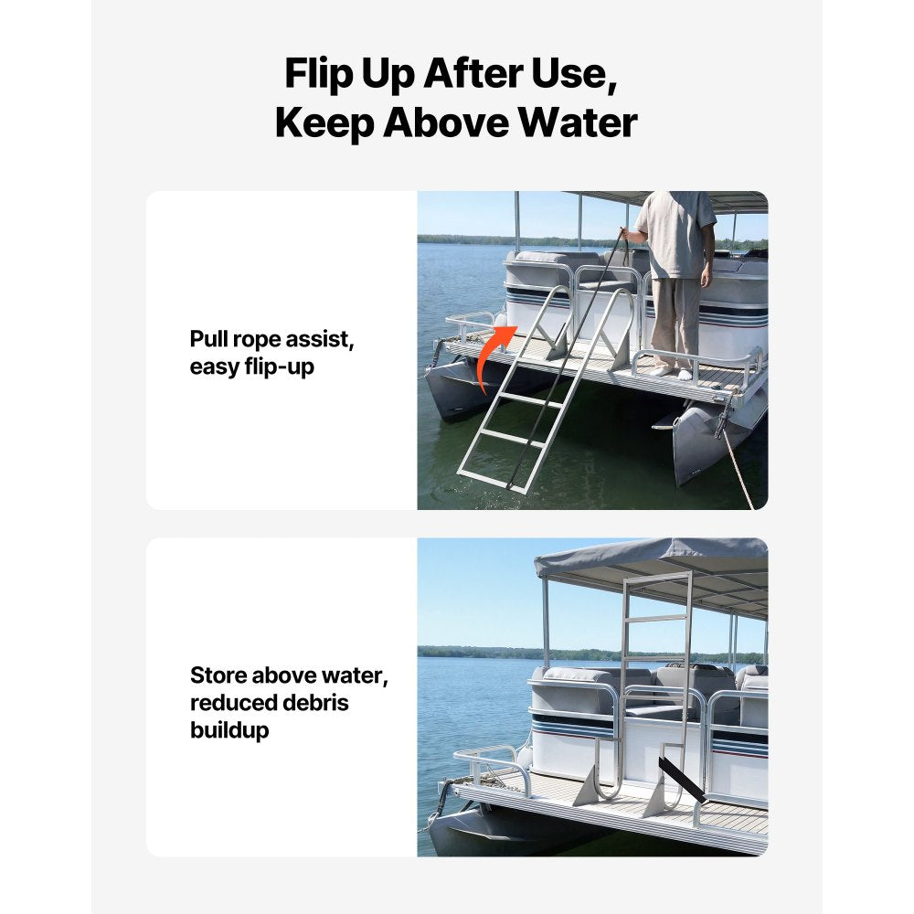 VEVOR Flip-Up Dock Ladder, 4-Step, Heavy-Duty Aluminum Alloy Pontoon Boat Swim Ladder, with Non-Slip Wide Steps, 350 lbs Weight Capacity, Pull Rope Assist, for Lake Swimming, Pool, Marine Boarding