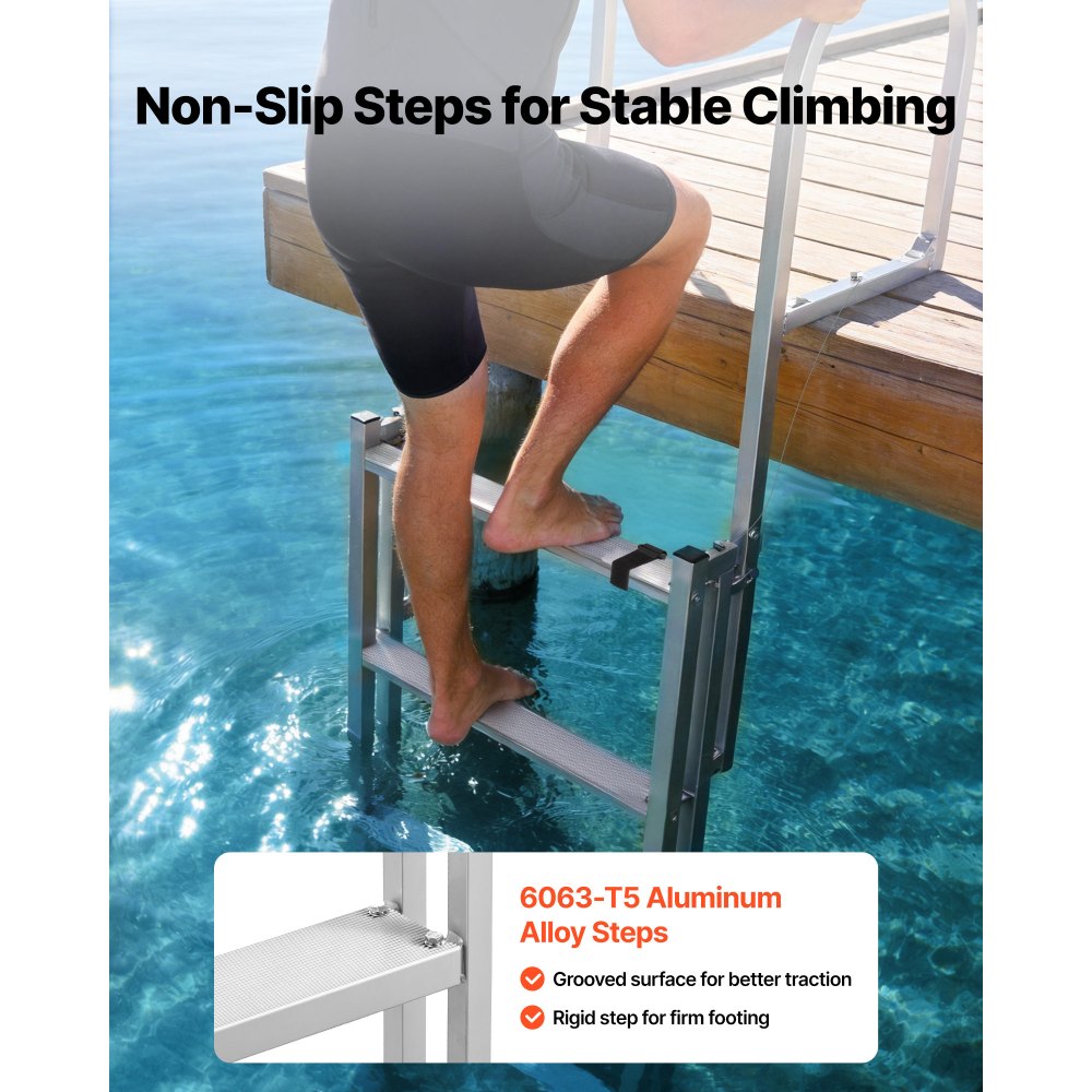 VEVOR Retractable Dock Ladder, 5 Steps, Aluminum Alloy Pontoon Boat Swim Ladder, with Non-Slip Wide Steps, 350 lbs Weight Capacity, Adjustable Height, for Lake Swimming, Pool, Boat, Marine Boarding
