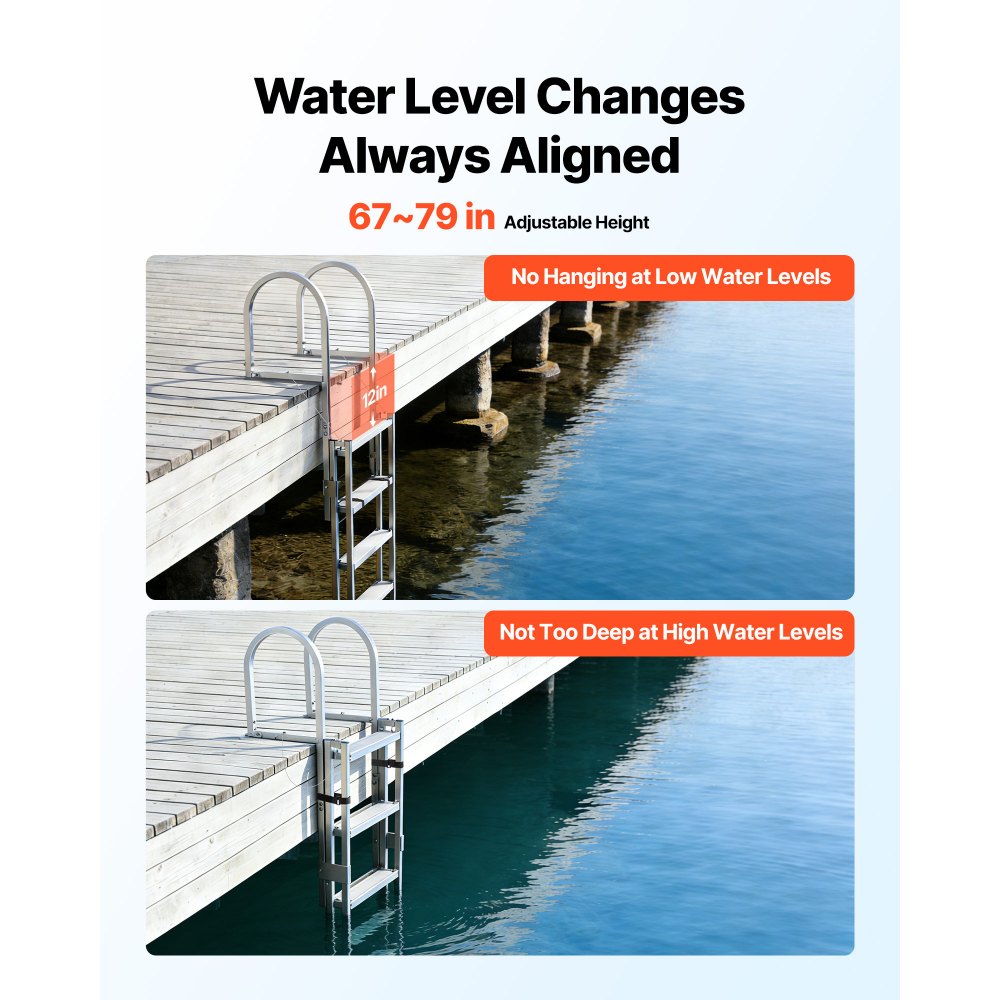 VEVOR Retractable Dock Ladder, 5 Steps, Aluminum Alloy Pontoon Boat Swim Ladder, with Non-Slip Wide Steps, 350 lbs Weight Capacity, Adjustable Height, for Lake Swimming, Pool, Boat, Marine Boarding