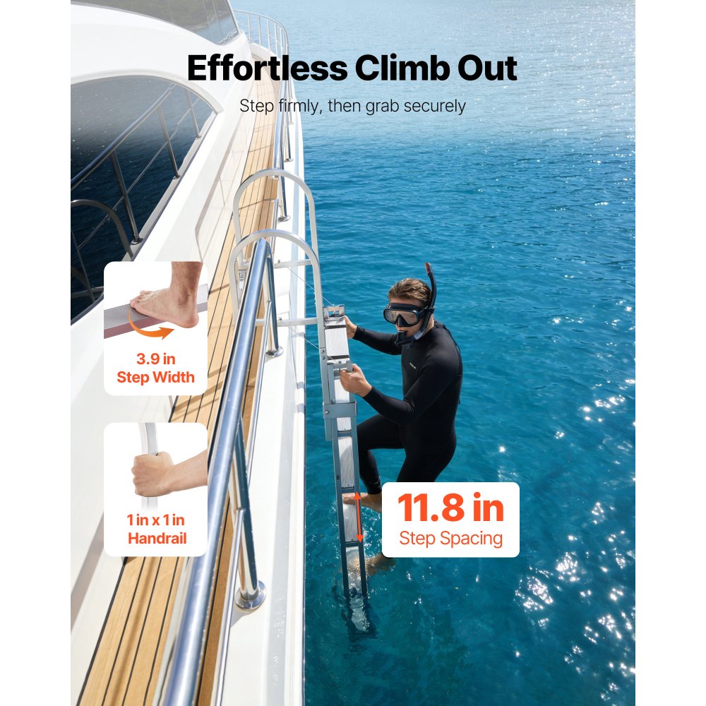 VEVOR Retractable Dock Ladder, 5 Steps, Aluminum Alloy Pontoon Boat Swim Ladder, with Non-Slip Wide Steps, 350 lbs Weight Capacity, Adjustable Height, for Lake Swimming, Pool, Boat, Marine Boarding