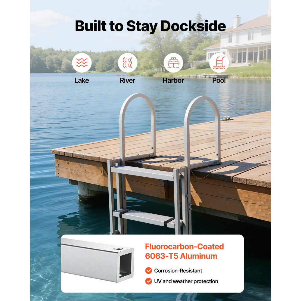VEVOR Retractable Dock Ladder, 5 Steps, Aluminum Alloy Pontoon Boat Swim Ladder, with Non-Slip Wide Steps, 350 lbs Weight Capacity, Adjustable Height, for Lake Swimming, Pool, Boat, Marine Boarding