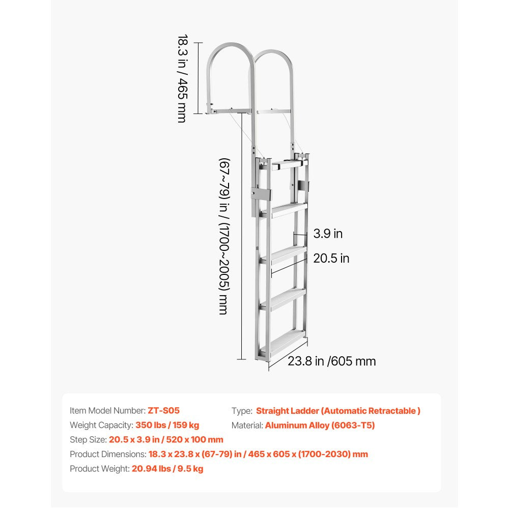VEVOR Retractable Dock Ladder, 5 Steps, Aluminum Alloy Pontoon Boat Swim Ladder, with Non-Slip Wide Steps, 350 lbs Weight Capacity, Adjustable Height, for Lake Swimming, Pool, Boat, Marine Boarding