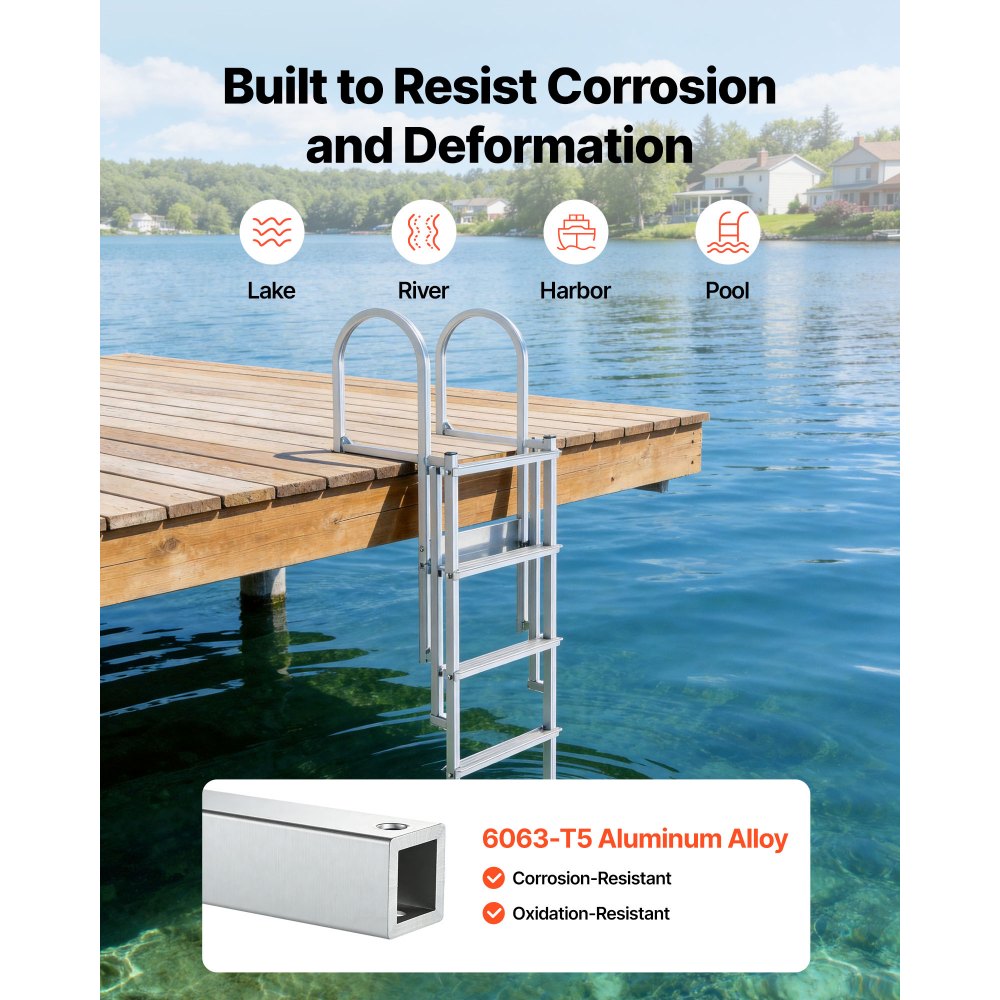 VEVOR Retractable Dock Ladder, 5 Steps, Aluminum Alloy Pontoon Boat Swim Ladder with Auto-Lift Float, Non-Slip Wide Steps, 500 lbs Weight Capacity, Adjustable Height, for Lake Pool Marine Boarding