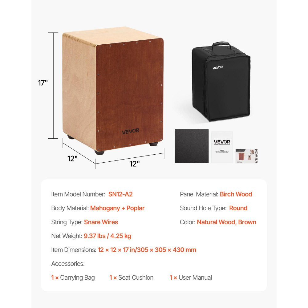 VEVOR Cajon Box Drum Wooden Birchwood Percussion Instrument Snare Wires Travel Bag