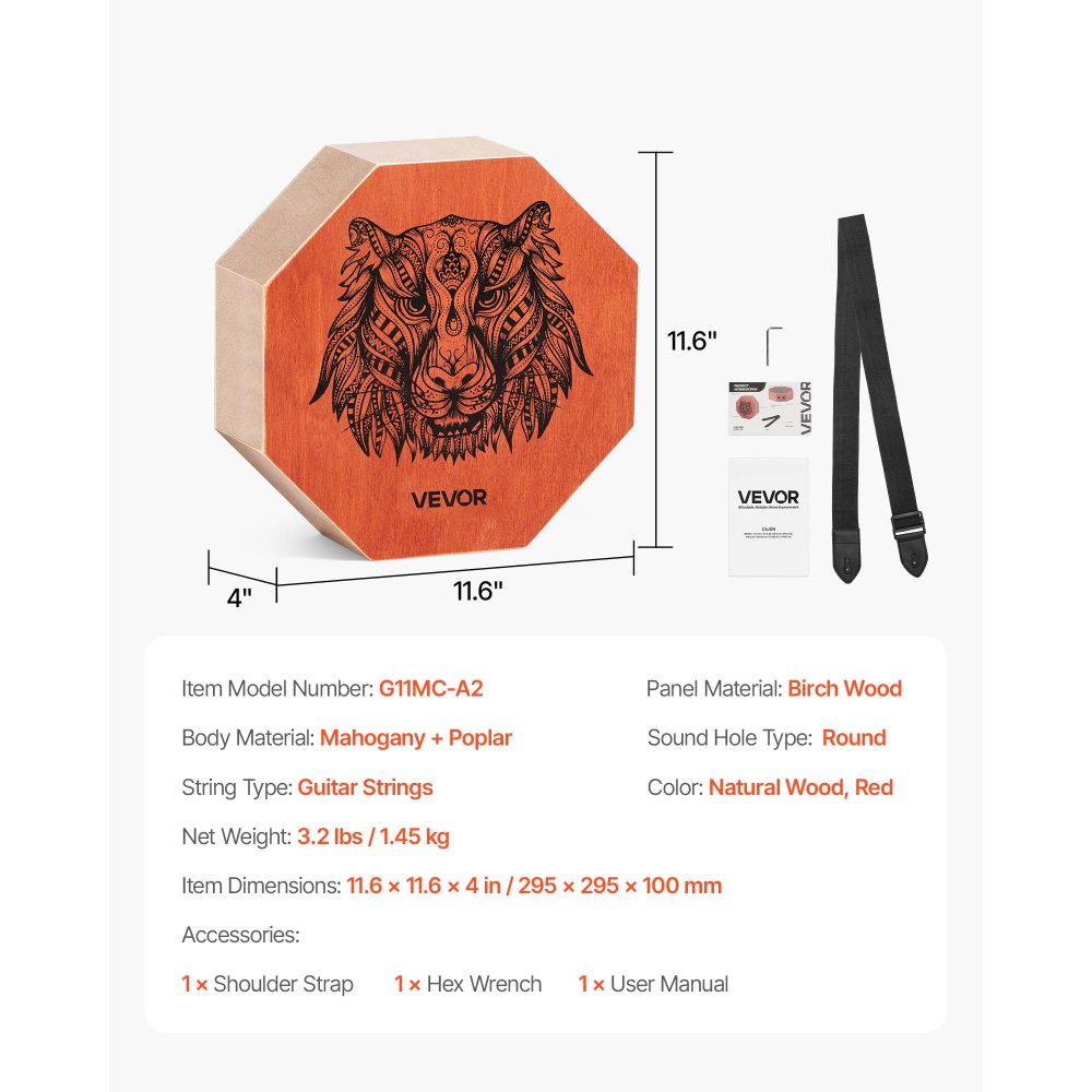 VEVOR Unique Cajon Box Drum, with Internal  Guitar Strings, Portable Wooden Percussion Box, Birch Wood Drum Musical Instrument with Adjustable Strap, for Beginners & Professionals, 11.6 x 11.6 x 4 in