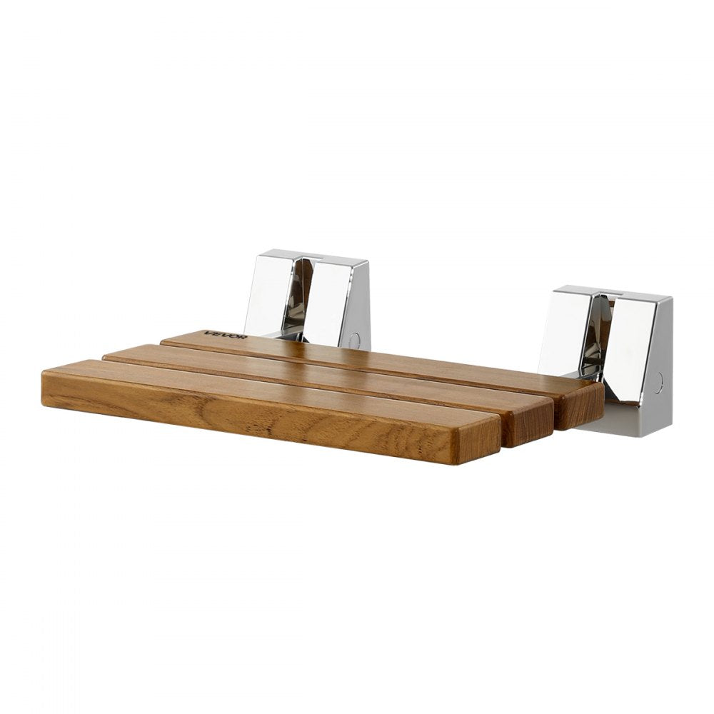 VEVOR Foldable Shower Seat Wall Mounted, 15.7" Teak Folding Shower Bench, 330LBS Fold-Down Bathroom Corridor Seat with Stainless Steel Frame for Adults Seniors, Waterproof & Easy-to-Clean