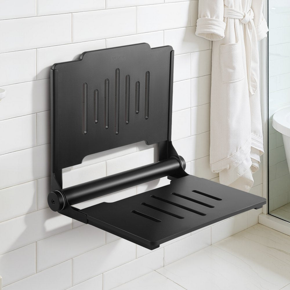 VEVOR Foldable Shower Seat Wall Mounted, 17.8" Folding Shower Bench with Supportive Backrest, Plastic Fold-Down Bathroom Corridor Seat with Stainless Steel Frame for Adults Seniors, 400LBS Loading