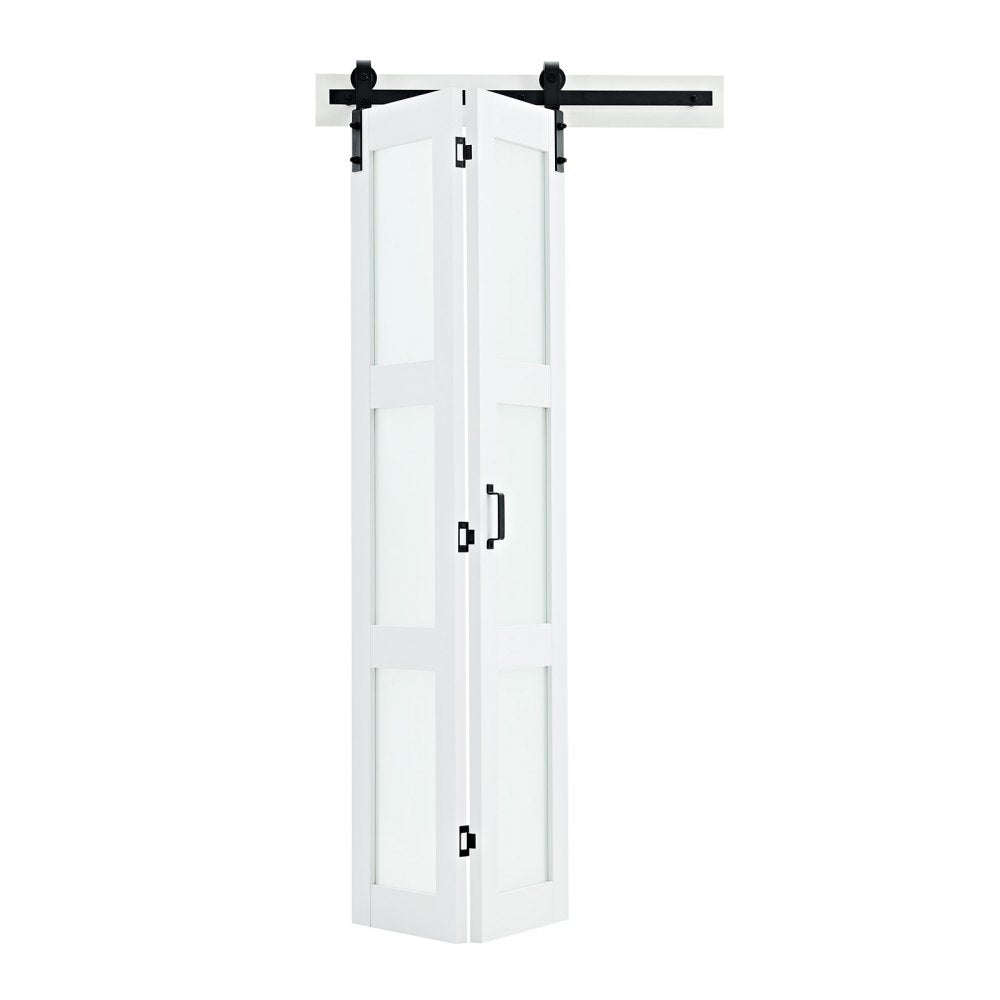 VEVOR Bifold Barn Door, 36" x 84", MDF with Tempered Glass Bi-Fold Sliding Closet Doors, Hardware Kit Included, Space-Saving Design, Pre-Assembled Panels for Bedroom, Living Room, Wardrobe, White