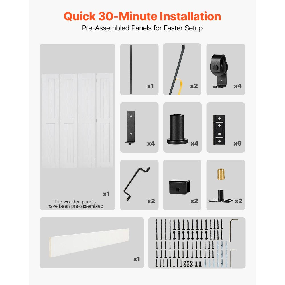 VEVOR Bifold Barn Door, 60" x 84", MDF Bi-Fold Sliding Closet Doors, Hardware Kit Included, H-Frame Space-Saving Design, Pre-Assembled Panels for Bedroom, Living Room, Wardrobe and Room Divider, White