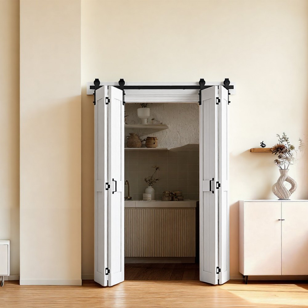 VEVOR Bifold Barn Door, 60" x 84", MDF Bi-Fold Sliding Closet Doors, Hardware Kit Included, H-Frame Space-Saving Design, Pre-Assembled Panels for Bedroom, Living Room, Wardrobe and Room Divider, White