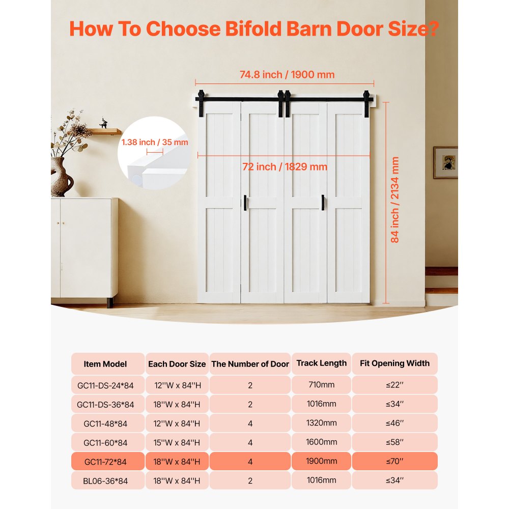 VEVOR Bifold Barn Door, 72" x 84", MDF Bi-Fold Sliding Closet Doors, Hardware Kit Included, H-Frame Space-Saving Design, Pre-Assembled Panels for Bedroom, Living Room, Wardrobe and Room Divider, White