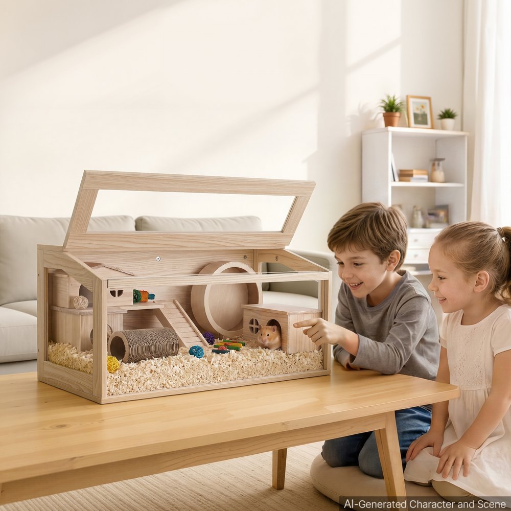 VEVOR Wooden Hamster Cage 31.9"x16.1"x16.1" 270° Viewing Hamster Habitat, Chewproof Acrylic Small Animal Cage with Openable Top, Large Pet Enclosure for Syrian/Dwarf Hamsters, Guinea Pigs & Gerbils