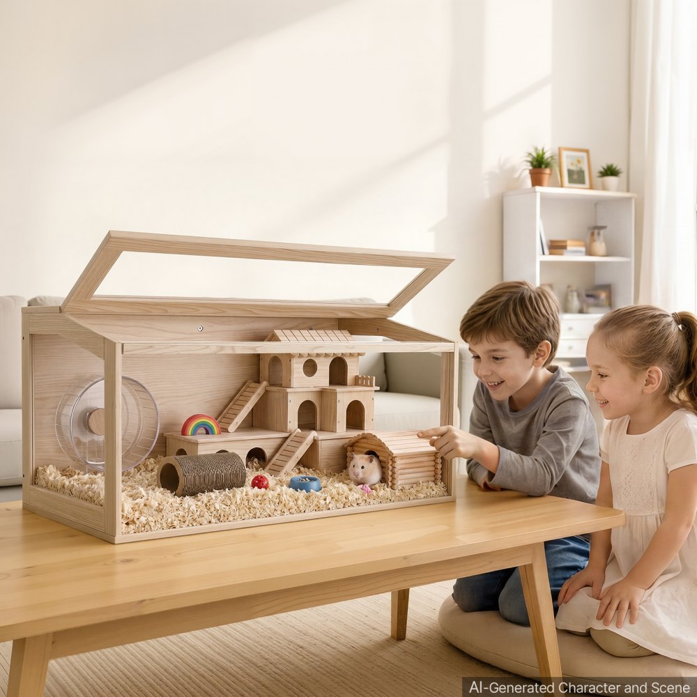 VEVOR Wooden Hamster Cage 40.1"x20.4"x20.1" 270° Viewing Hamster Habitat, Chewproof Acrylic Small Animal Cage with Openable Top, Large Pet Enclosure for Syrian/Dwarf Hamsters, Guinea Pigs & Gerbils