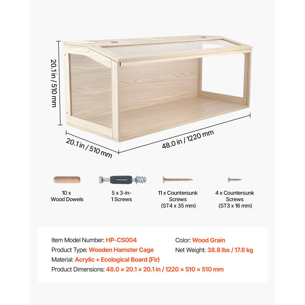 VEVOR Wooden Hamster Cage 48"x20.1"x20.1" 270° Viewing Hamster Habitat, Chewproof Acrylic Small Animal Cage with Openable Top, Large Pet Enclosure for Syrian/Dwarf Hamsters, Guinea Pigs & Gerbils