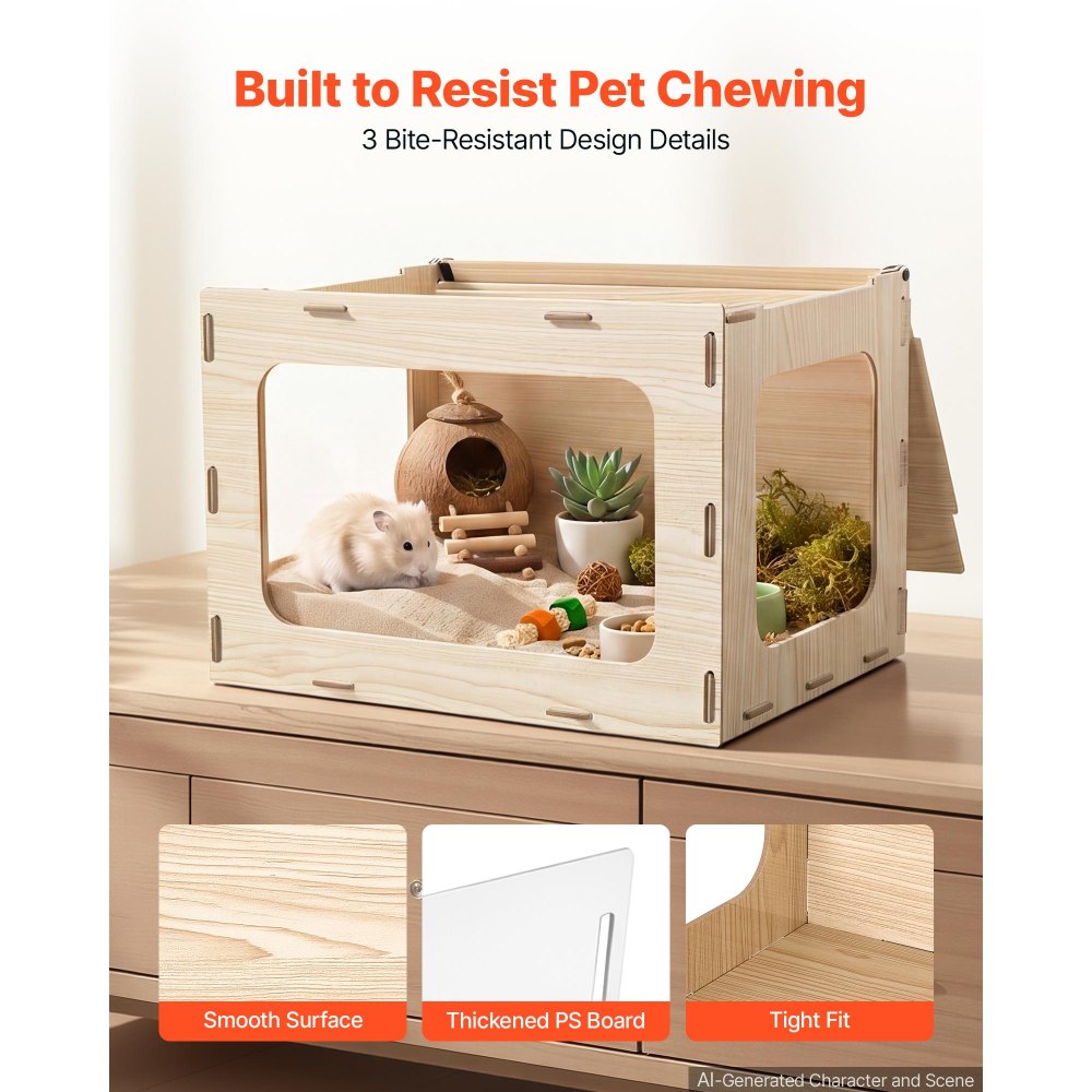 VEVOR Wooden Hamster Cage 23.8"x15.9"x15.9" 270° Viewing Hamster Habitat, Chewproof Small Animal Cage with Openable Top, Large Pet House Wood Enclosure for Syrian/Dwarf Hamsters, Guinea Pigs, Gerbils