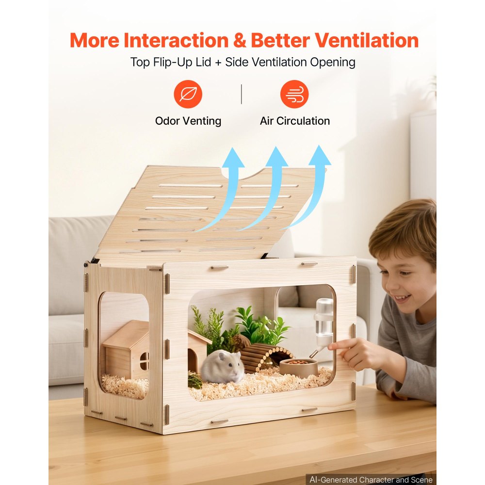 VEVOR Wooden Hamster Cage 23.8"x15.9"x15.9" 270° Viewing Hamster Habitat, Chewproof Small Animal Cage with Openable Top, Large Pet House Wood Enclosure for Syrian/Dwarf Hamsters, Guinea Pigs, Gerbils
