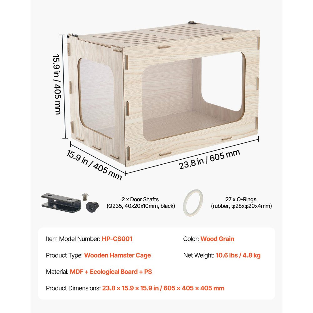 VEVOR Wooden Hamster Cage 23.8"x15.9"x15.9" 270° Viewing Hamster Habitat, Chewproof Small Animal Cage with Openable Top, Large Pet House Wood Enclosure for Syrian/Dwarf Hamsters, Guinea Pigs, Gerbils