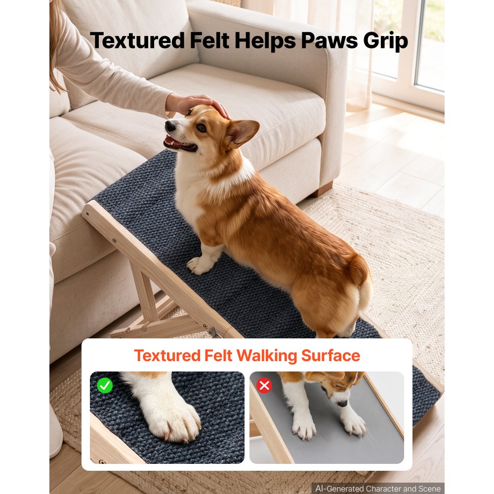 VEVOR Dog Ramp for Bed 14.2"-15.4" 2 Adjustable Height Foldable Pet Ramp, for Small & Senior Dogs to Get on Couch Sofa, 33" Long, Up to 100 lbs, Portable Wooden with Non-Slip Felt Surface & Handle