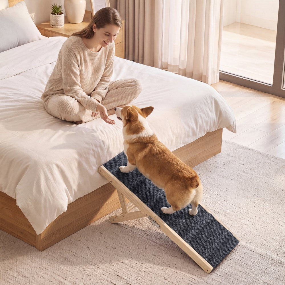 VEVOR Dog Ramp for Bed 14.2"-15.4" 2 Adjustable Height Foldable Pet Ramp, for Small & Senior Dogs to Get on Couch Sofa, 33" Long, Up to 100 lbs, Portable Wooden with Non-Slip Felt Surface & Handle