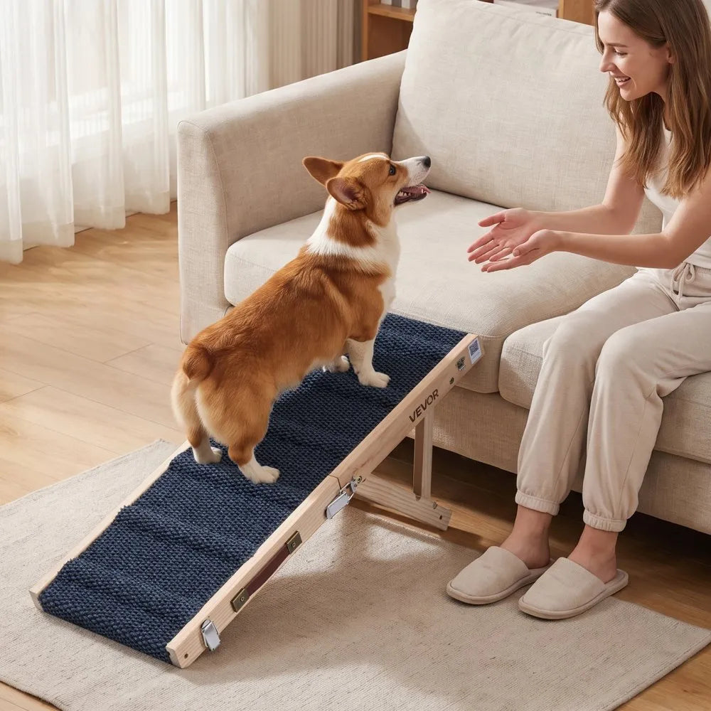 VEVOR Dog Ramp for Bed 14.2"-15.4" 2 Adjustable Height Foldable Pet Ramp, for Small & Senior Dogs to Get on Couch Sofa, 33" Long, Up to 100 lbs, Portable Wooden with Non-Slip Felt Surface & Handle