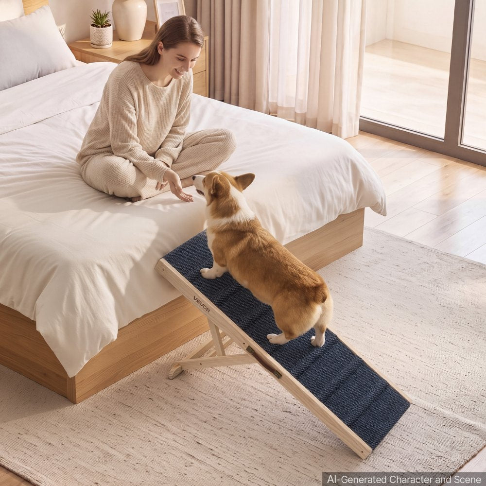 VEVOR Dog Ramp for Bed 13.8"-21.5" 4 Adjustable Height Foldable Pet Ramp, for Small & Senior Dogs to Get on Couch Sofa, 43" Long, Up to 70 lbs, Portable Wooden with Non-Slip Felt Surface & Handle