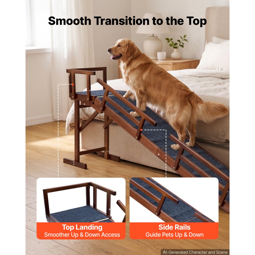 VEVOR Dog Ramp for Bed Couch 74" Long Wooden Pet Ramp with 22° Gentle Slope, for Small & Senior Dogs to Get on Sofa, Up to 200 lbs Load, Designed with Side Rails, Non-Slip Felt Surface & Top Platform