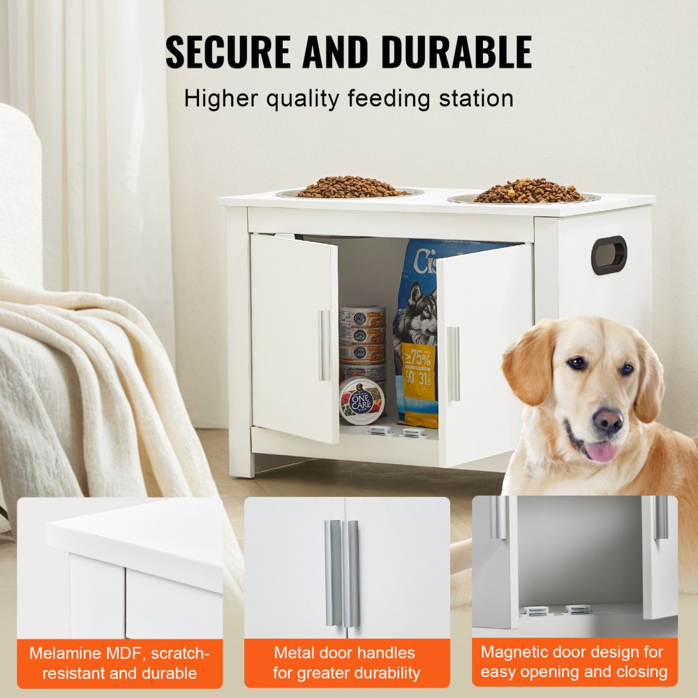 VEVOR Pet Feeding Station with 2 Stainless Steel Bowls, Elevated Dog Bowls with Storage, Dog Food Storage and Feeder Station with Storage Cabinet, Pet Toy Storage Organizer, for Dogs, Modern