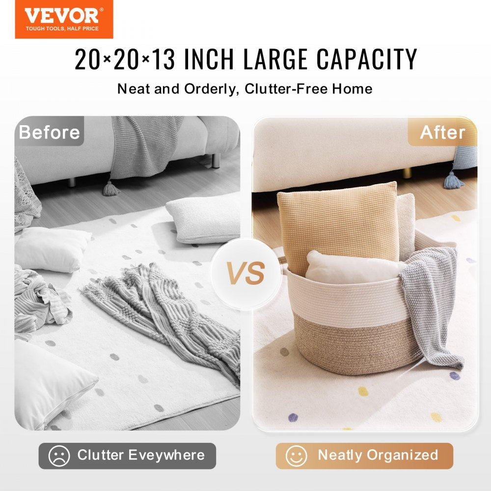 VEVOR Blanket Basket, 67L, Cotton Rope Basket, Woven Basket with Handles, 20" x 13" Round Laundry Hamper Basket Collapsible Extra Large Storage Basket Bins for Organizing Clothes Kids Toys Pillows