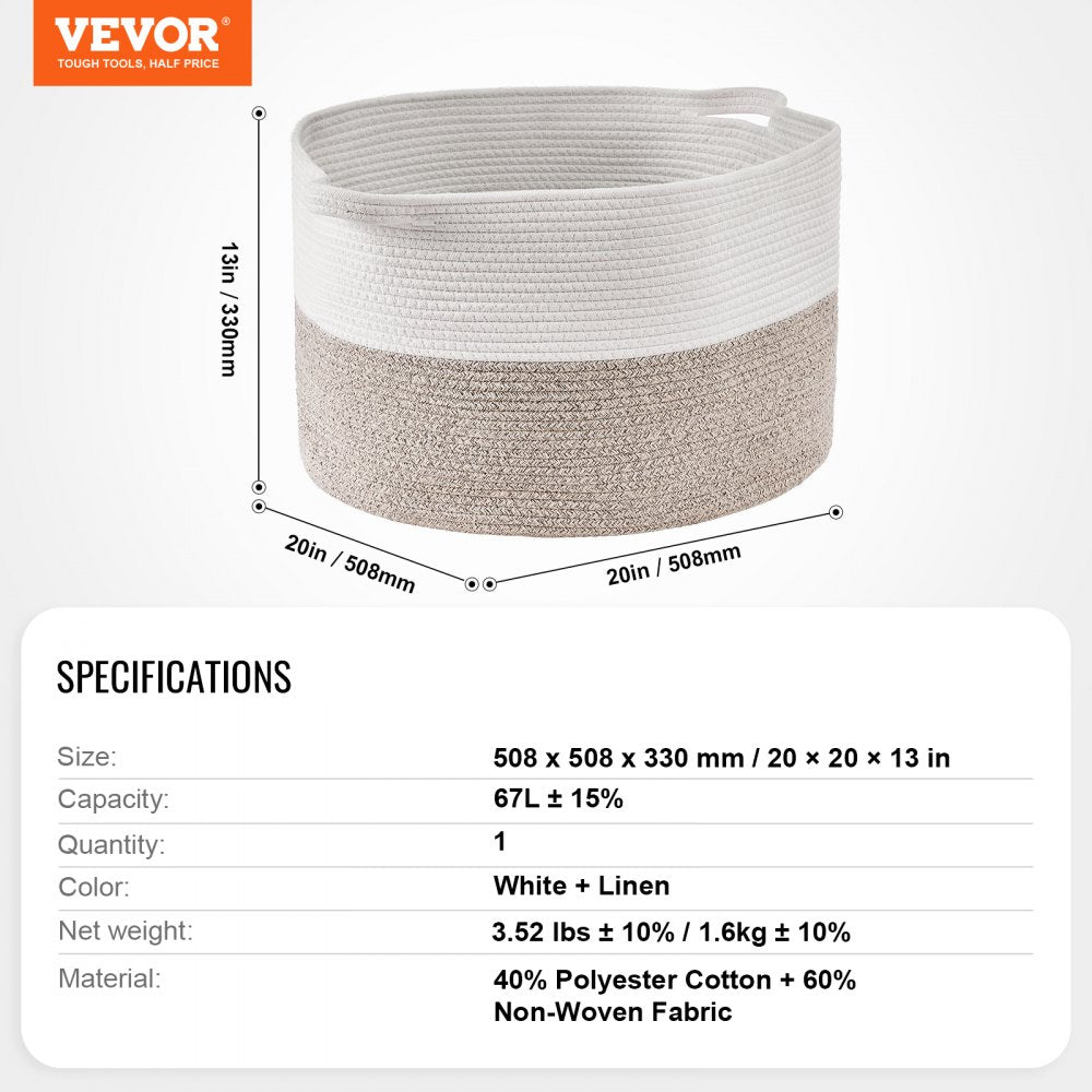 VEVOR Blanket Basket, 67L, Cotton Rope Basket, Woven Basket with Handles, 20" x 13" Round Laundry Hamper Basket Collapsible Extra Large Storage Basket Bins for Organizing Clothes Kids Toys Pillows