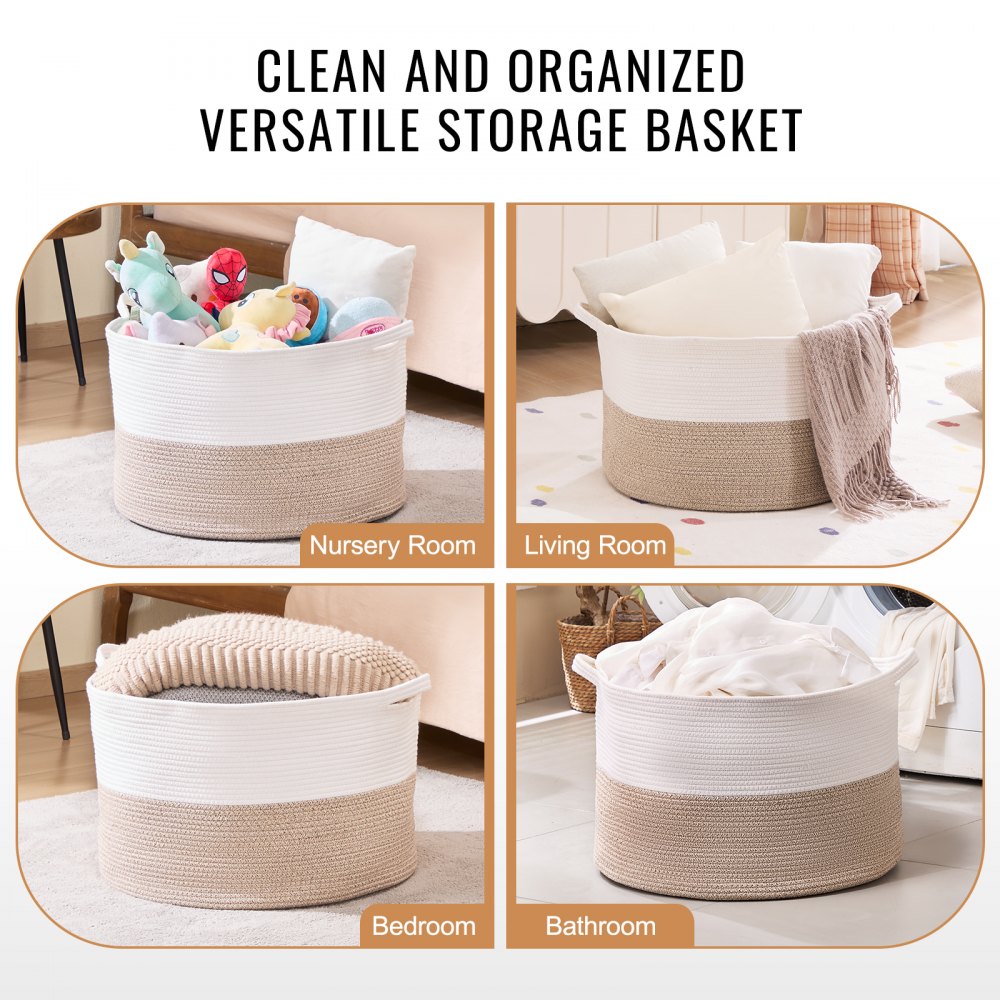 VEVOR Blanket Basket, 87L, Cotton Rope Basket, Woven Basket with Handles, 20" x 14" Round Laundry Hamper Basket Collapsible Extra Large Storage Basket Bins for Organizing Clothes Kids Toys Pillows