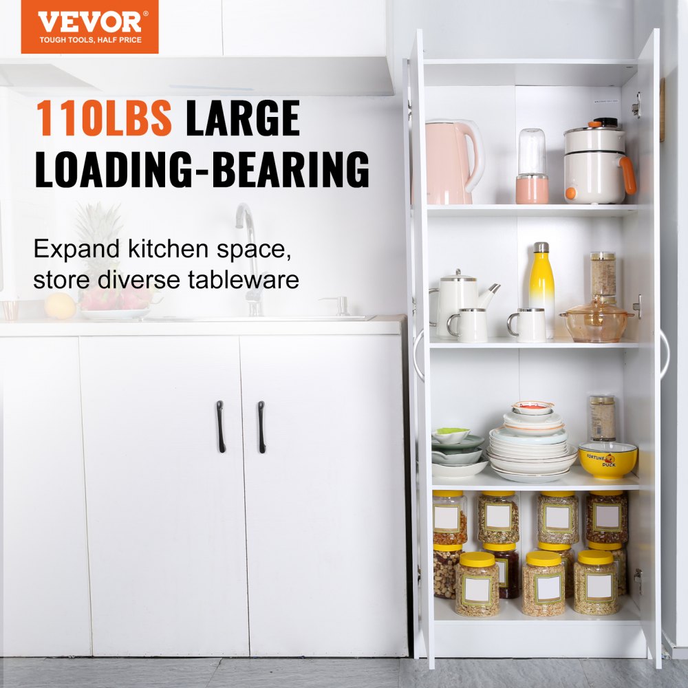 VEVOR Kitchen Pantry Cabinet, 60" Tall Food Pantry Storage Cabinet, 110LBS Freestanding Storage Cabinet Cupboard with 3 Shelves(2 Adjustable), Engineered Wood Utility Pantry for Kitchen, Dining Room