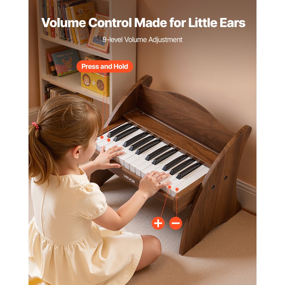VEVOR Kids Piano Keyboard, 25 Keys Wooden Digital Piano for Kids, Mini Music Educational Instrument Toy with Realistic Sound, Dual Power, Adjustable Volume for Toddlers, Boys Girls Learning, Walnut