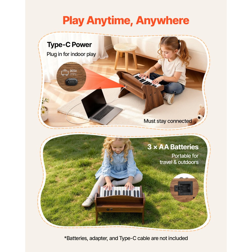 VEVOR Kids Piano Keyboard, 25 Keys Wooden Digital Piano for Kids, Mini Music Educational Instrument Toy with Realistic Sound, Dual Power, Adjustable Volume for Toddlers, Boys Girls Learning, Walnut
