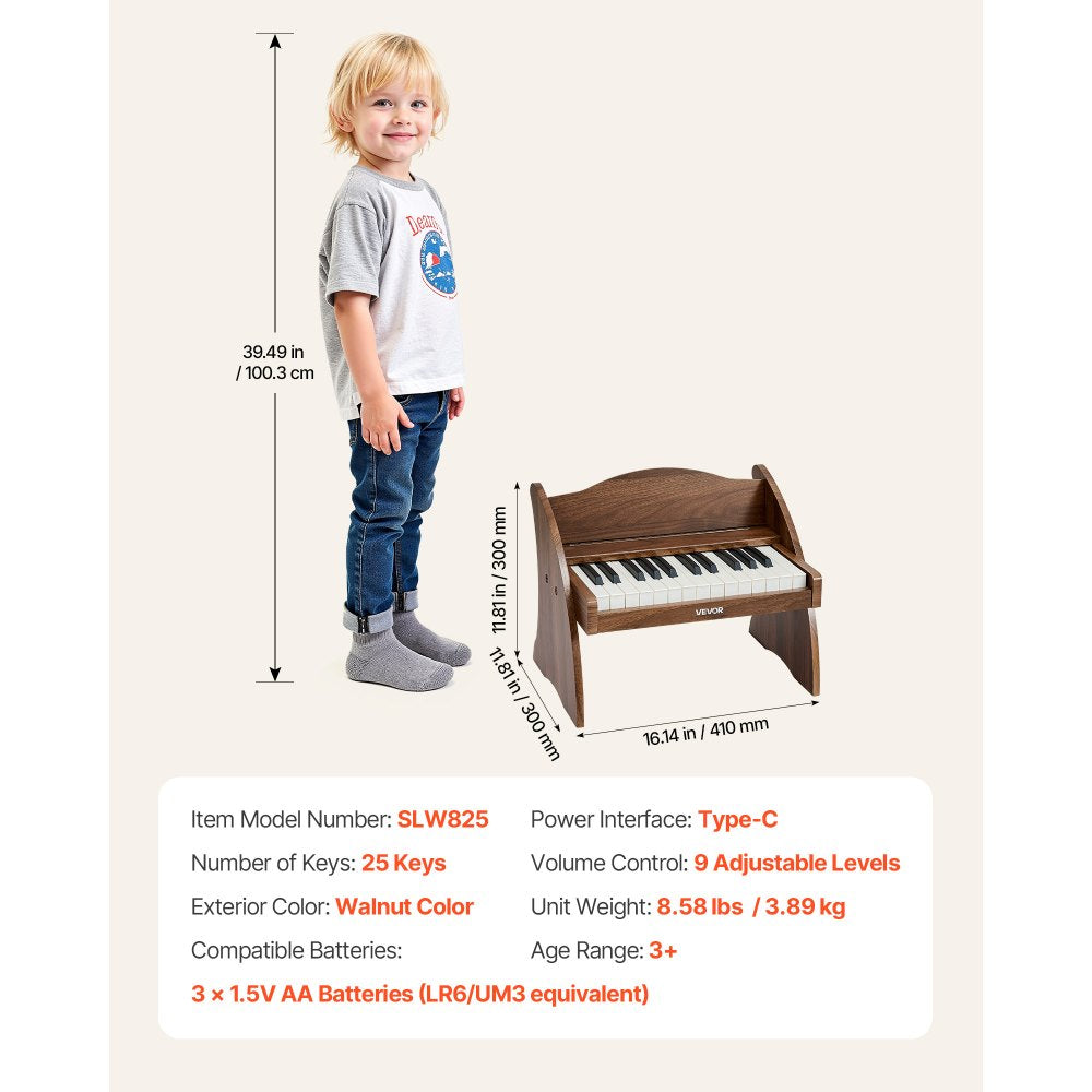 VEVOR Kids Piano Keyboard, 25 Keys Wooden Digital Piano for Kids, Mini Music Educational Instrument Toy with Realistic Sound, Dual Power, Adjustable Volume for Toddlers, Boys Girls Learning, Walnut