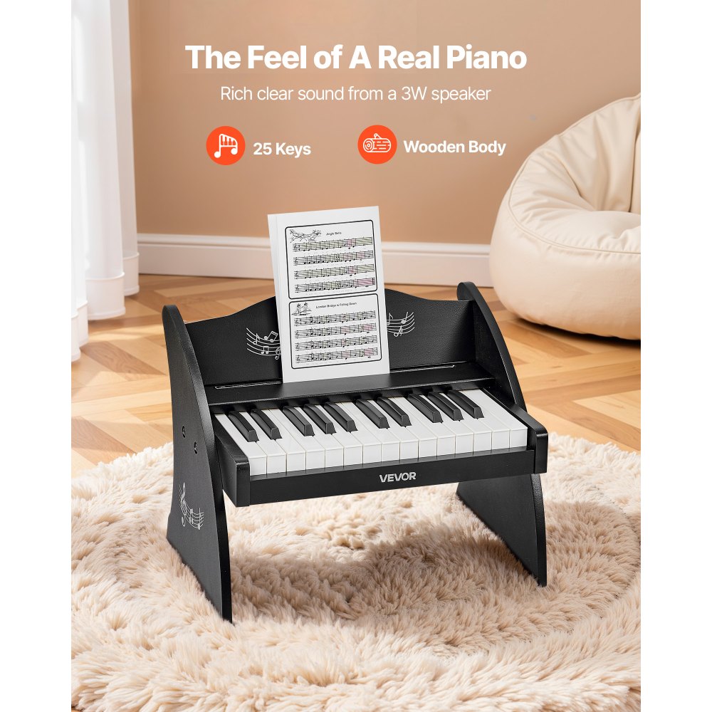 VEVOR Kids Piano Keyboard, 25 Keys Wooden Digital Piano for Kids, Mini Music Educational Instrument Toy with Realistic Sound, Dual Power, Adjustable Volume for Toddlers, Boys Girls Learning, Black